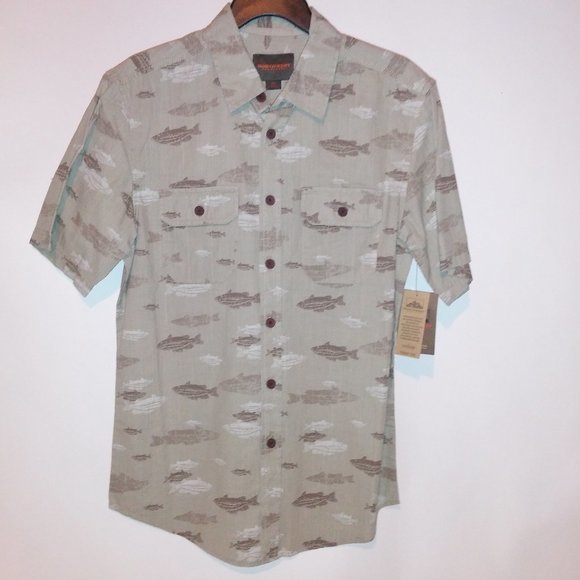 Northwest Territory Button Up Shirt Mens Small Short Sleeve Beige Taupe Fish Pri - Picture 1 of 10